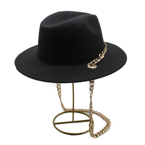 Chapeau Fedora À Large Bord Mélange Laine Polyester Avec Grosse Chaîne Dorée Chapeau Jazz Élégant Pour Femmes Hommes Noir