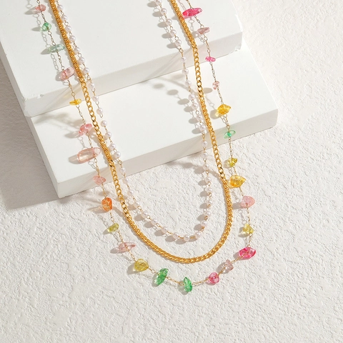 Elegant Stainless Steel Multilayer Necklace Colorful Natural Stone Artificial Pearl Heart Pendant Necklace For Women Fashion Daily Jewelry