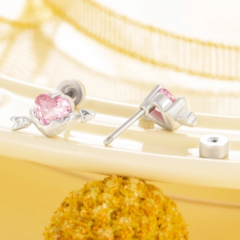 Pink Heart Zircon Cupid Arrow Cartilage Stud Earrings Titanium Steel Screw Back Piercing Jewelry For Women