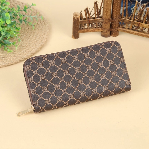 Langes Portemonnaie Damen PU Leder Doppelreißverschluss Große Kapazität Clutch Gedruckt Geometrisch Vintage Mit Handschlaufe