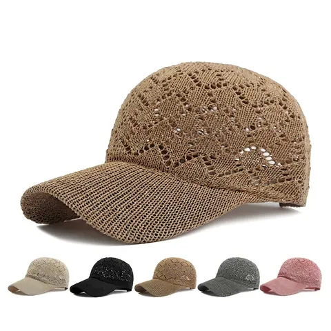 Knitted Hollow Out Baseball Cap Polyester Breathable Mesh Sun Hat For Women Outdoor Casual Adjustable Snapback