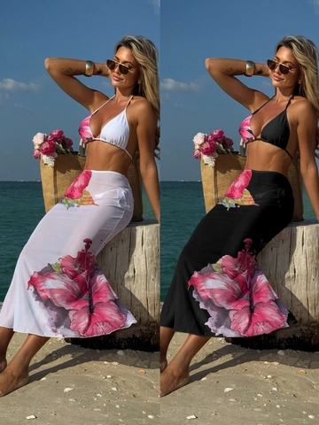 Bikini Da Donna Top A Triangolo Halter E Slip Con Laccetti Laterali Con Gonna Lunga In Mesh Stampa Floreale