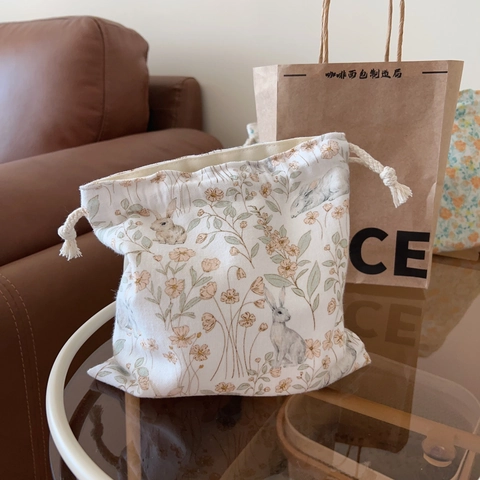Fresh Floral Cotton Drawstring Bag Small Cloth Pouch Dual Layer Storage Bag For Women Makeup Jewelry Organizer Pouch