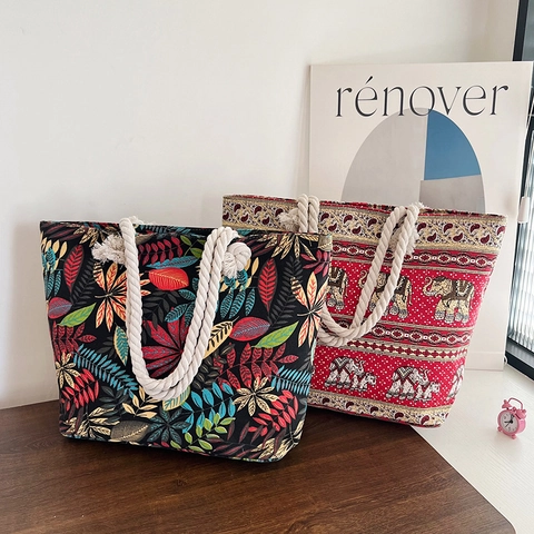 Women Large Capacity Canvas Tote Bag With Rope Handles Ethnic Floral Print Shoulder Beach Handbag Zipper Closure