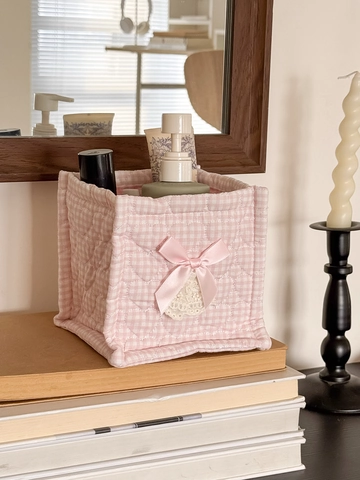Quilted Fabric Desktop Storage Basket Cotton Heart Pattern Organizer Lace Bow For Cosmetics Stationery Floral Cute
