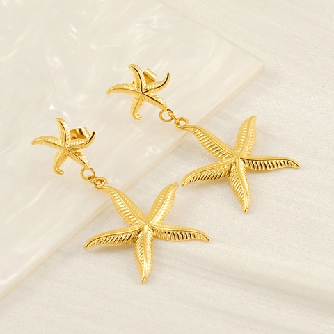 Seestern Halskette Und Ohrringe 18K Vergoldeter Edelstahl Meeres Ocean Strand Thema Streifen Textur Damen