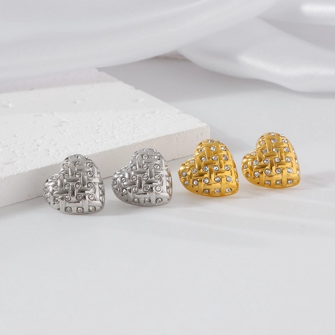 Orecchini a Bottone a Cuore in Acciaio Inossidabile per Donna Strass Pave Trama Intrecciata Oro Argento Gioielli di Moda