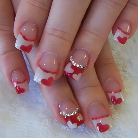 French Press On Nails ABS Plastic Red Heart Pattern Rhinestone Decor Artificial Finger Nails For Women Valentine's Day