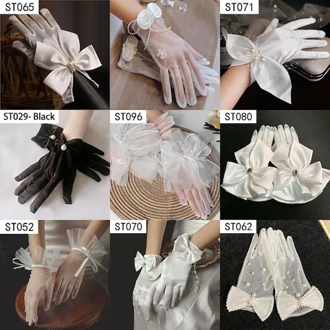 Eleganti Guanti da Sposa in Raso e Rete per Donna con Fiocco e Perle Artificiali Accessori da Sposa per Banchetto Formale e Fotografia