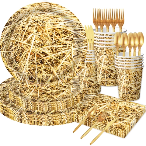 Farm Theme Party Tableware Haystack Print Paper Plates Cups Napkins Tablecloth Banner Gold Plastic Cutlery Picnic Supplies