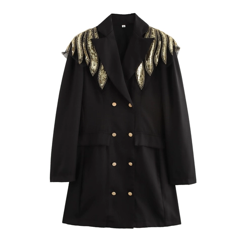 Blazer Minikleid Damen Langarm Doppelreiher Goldene Pailletten Flügel Perlen Schmale Passform Elegant Abendparty Kleidung