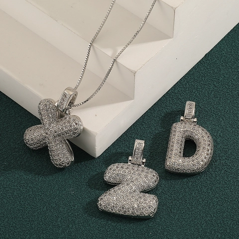 Elegant Copper Zirconia Bubble Letter Pendant Necklace For Women Silver Color Alphabet A-Z Initial Clasp Box Chain Jewelry
