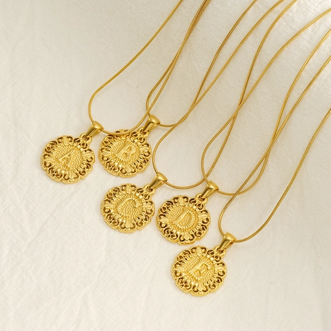 Round Initial Letter Pendant Necklace 18K Gold Plated Stainless Steel Snake Bone Chain Retro Hollow Embossed Jewelry For Women Men