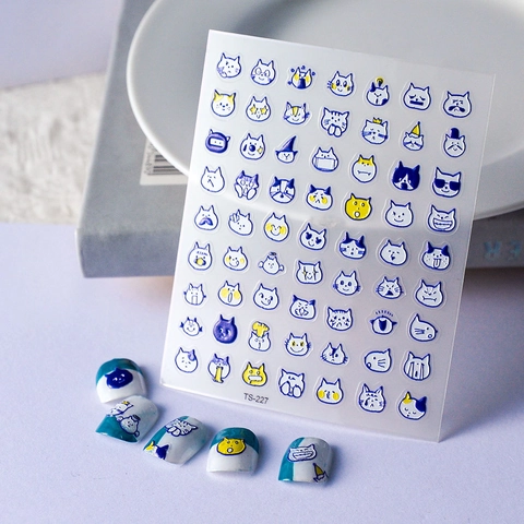 Schattige Cartoon Kat 5D Reliëf Nagelkunst Stickers Zelfklevend 3D Kittens Emoji Decals Voor Manicure