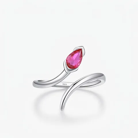 Anello Serpente in Argento Sterling 925 Vintage per Donna con Strass Rosso a Goccia Anello Aperto Regolabile Gioielli Trendy