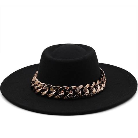 Vintage Wollen Vilt Fedora Hoed Brede Rand Platte Kroon Met Zware Metalen Ketting Unisex Party Reizen Hoofddeksels