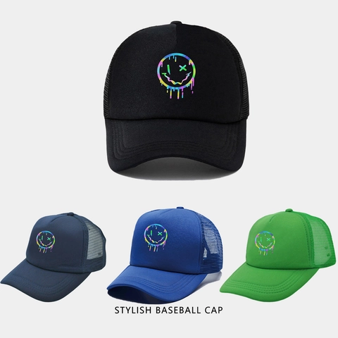 Mesh Trucker Hat Katoen Ademend Regenboog Melted Smile Face Print Verstelbaar Streetwear Zonbescherming Baseball Cap