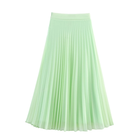 Women Elegant High Waist Pleated Midi Skirt Solid Color Satin Texture Chiffon Flared Long Skirt For Office Commute Daily Wear