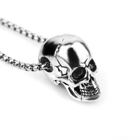 Vintage Punk Skull Pendant Necklace For Men Hip Hop Gothic Skeleton Head Jewelry Halloween Gift Antique Silver Box Chain