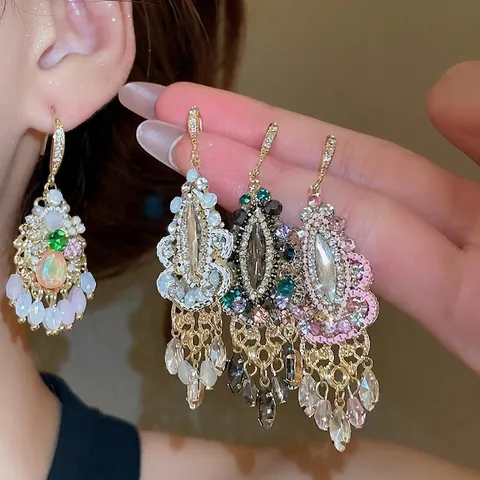 Orecchini A Lampadario Vintage Palace Per Donna Con Nappa Lunga Rame Zircone Strass Vetro Forma Goccia D'acqua Bohémien