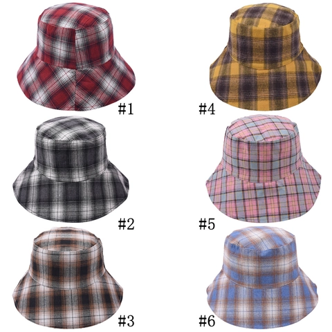 Women's Reversible Plaid Cotton Bucket Hat Foldable Outdoor Sun Protection Sunshade Basin Hat Japanese Korean Literary Style Travel Cap