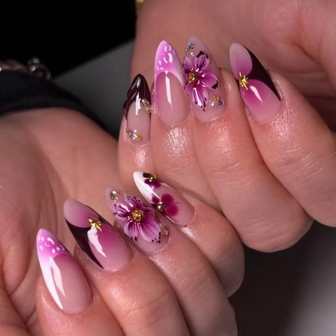 Press On Nails 3D Relief Flowers French Black Tips Gradient Pink Purple Long Almond Fake Nails With Rhinestones Artificial Pearls
