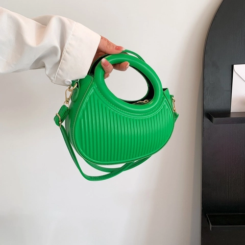 Women Shoulder Handbag PU Leather Vertical Ribbed Pleated Texture Round Hollow Handle Minimalist Chic Casual Niche Design