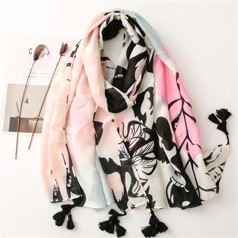 Bufanda Con Estampado Floral De Plantas Tropicales Para Mujer Sensación De Algodón Lino Borlas Chal Espiga Playa