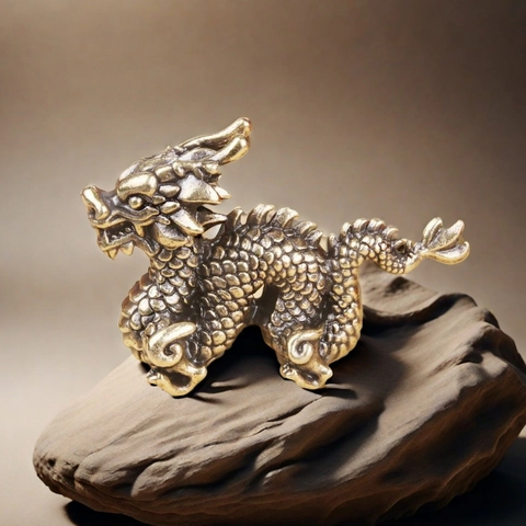 Chinese Dragon Statue Solid Brass Zodiac Figurine Miniature Mythical Beast Desktop Ornament Home Office Decor Feng Shui