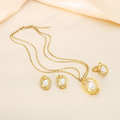 Bijoux Collier Boucles d'Oreilles Bague en Acier Inoxydable Plaqué Or pour Femme Perle Artificielle Géométrique Élégant