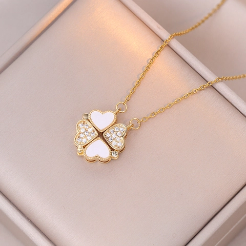 Herz Kleeblatt Anhänger Halskette Edelstahl Zirkonia Weißes Emaille Magnetisch Faltbar Schlüsselbein Kette Schmuck Damen