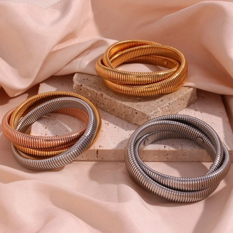 Brazalete Minimalista de Acero Inoxidable de 3 Capas Envuelto Cadena de Serpiente Chapado en Oro de 18K Brazalete Flexible Tubogas para Mujer Joyería de Moda