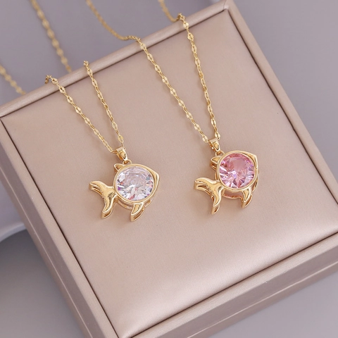 Cute Fish Pendant Necklace 18K Gold Plated Copper With Pink White Zircon Animal Jewelry For Women Ins Style