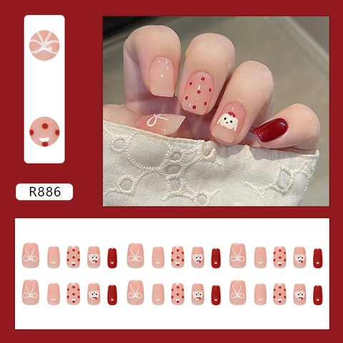 Uñas Postizas Press On Cortas Cuadradas Perro Dibujos Animados Lunares Rojos Lazo Blanco Dulce Plástico ABS Para Mujeres
