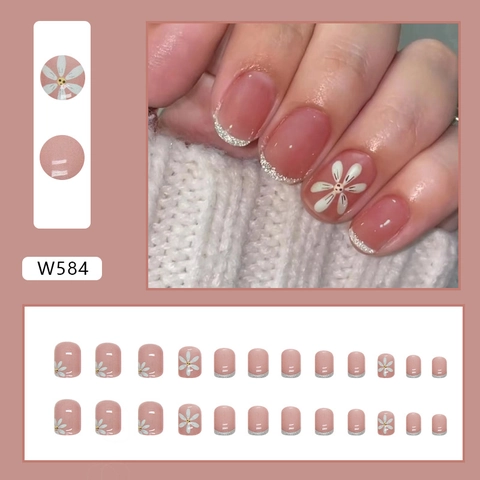 Press On Nägel Kurz Französischer Stil Gänseblümchen Blume Smiley Silber Glitzer Nude Rosa Künstliche Fingernägel Für Frauen