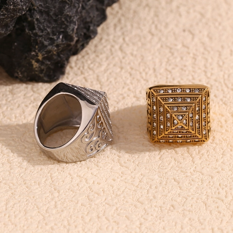 Pyramid Ring Men Stainless Steel 18K Gold Plated Zircon Inlaid Hip Hop Retro Vine Carved Square Finger Jewelry