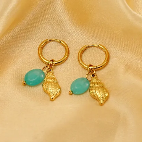 Conch Shell Turquoise Dangle Hoop Earrings 18K Gold Plated Stainless Steel Bohemian Ocean Style Jewelry For Women