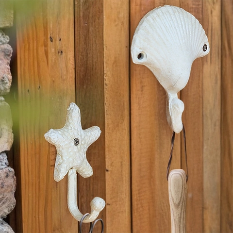 Ocean Theme Cast Iron Wall Hooks Shell Starfish Crab Decorative Mediterranean Style Retro White Sturdy Home Hanging