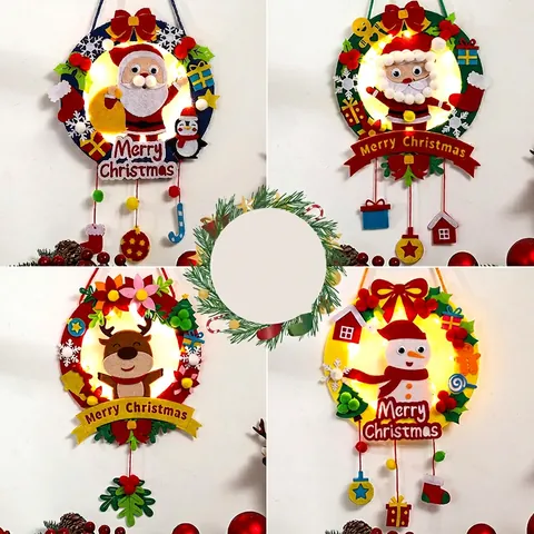Diy Christmas Wreath Hanging Ornament Felt Non-Woven With Led Lights For Kids Home Decor Holiday Party Atmosphere