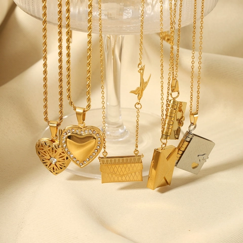 Stainless Steel Pendant Necklace 18K Gold Plated Openable Book Heart Locket Envelope Bird Vintage Jewelry For Women