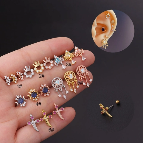 Orecchini Cartilagine Acciaio Inossidabile Rame Zircone Chiusura Vite Helix Tragus Conch Piercing Gioielli Donne Retro Punk