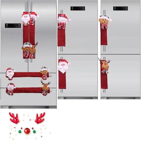 Fundas Para Asas De Refrigerador De Navidad Lino Rojo 3D Papá Noel Muñeco De Nieve Reno Oso Decoración De Cocina