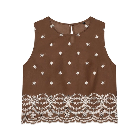 Damen Ärmelloses Oberteil Und Langer Rock Braun Baumwollmischung Stickerei Hohl Spitze Boho Retro Stil