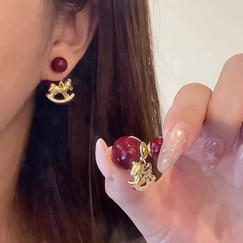 Rocking Horse Stud Earrings Gold Plated Zircon Rhinestone Retro Red Bead With 925 Sterling Silver Earring Post Women