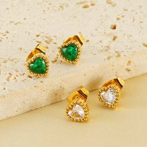 Heart Stud Earrings Stainless Steel 18K Gold Plated Zircon Beaded Edge Vintage Fashion Jewelry For Women