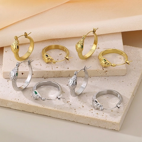 Snake Hoop Earrings Stainless Steel Enamel Eye Geometric Texture Serpent Huggie Earrings For Women Vintage Style