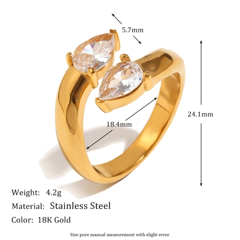 Stainless Steel Adjustable Open Ring 18K Gold Plated Water Drop Zircon Pear Shape Minimalist Jewelry For Women