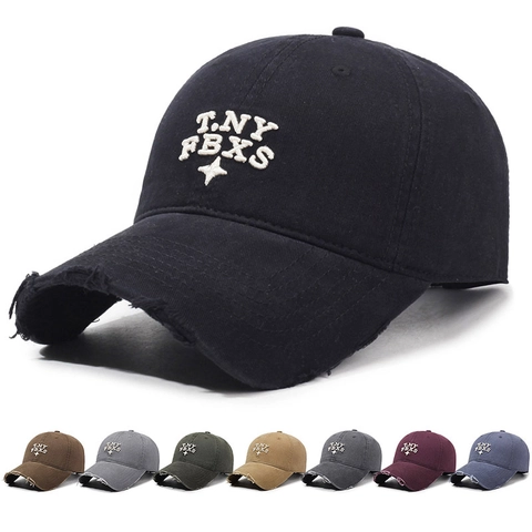 Washed Cotton Baseball Cap Distressed Frayed Edge Dad Hat Letter Embroidery Adjustable Metal Buckle Vintage Sun Hat