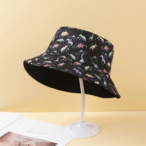 Bucket Hat Polyester Dubbelzijdig Opvouwbaar Zonbescherming Outdoor Dinosaurus UFO Geprint Kleurrijk Unisex Zonnehoed