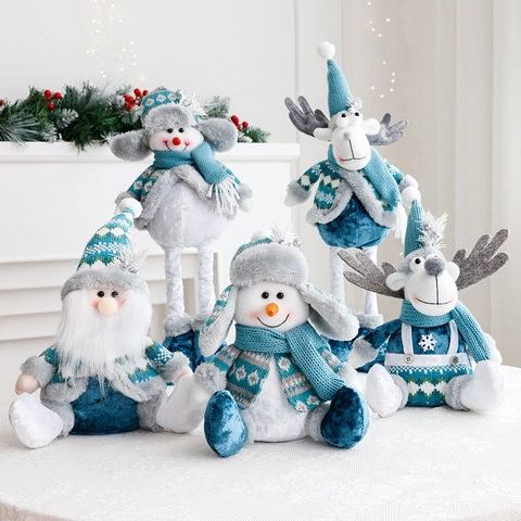 Kerst Pluche Pop Gebreid Fluweel Telescopische Poot Kerstman Sneeuwpop Rendier Kabouter Noords Blauw Vakantie Tafeldecoratie